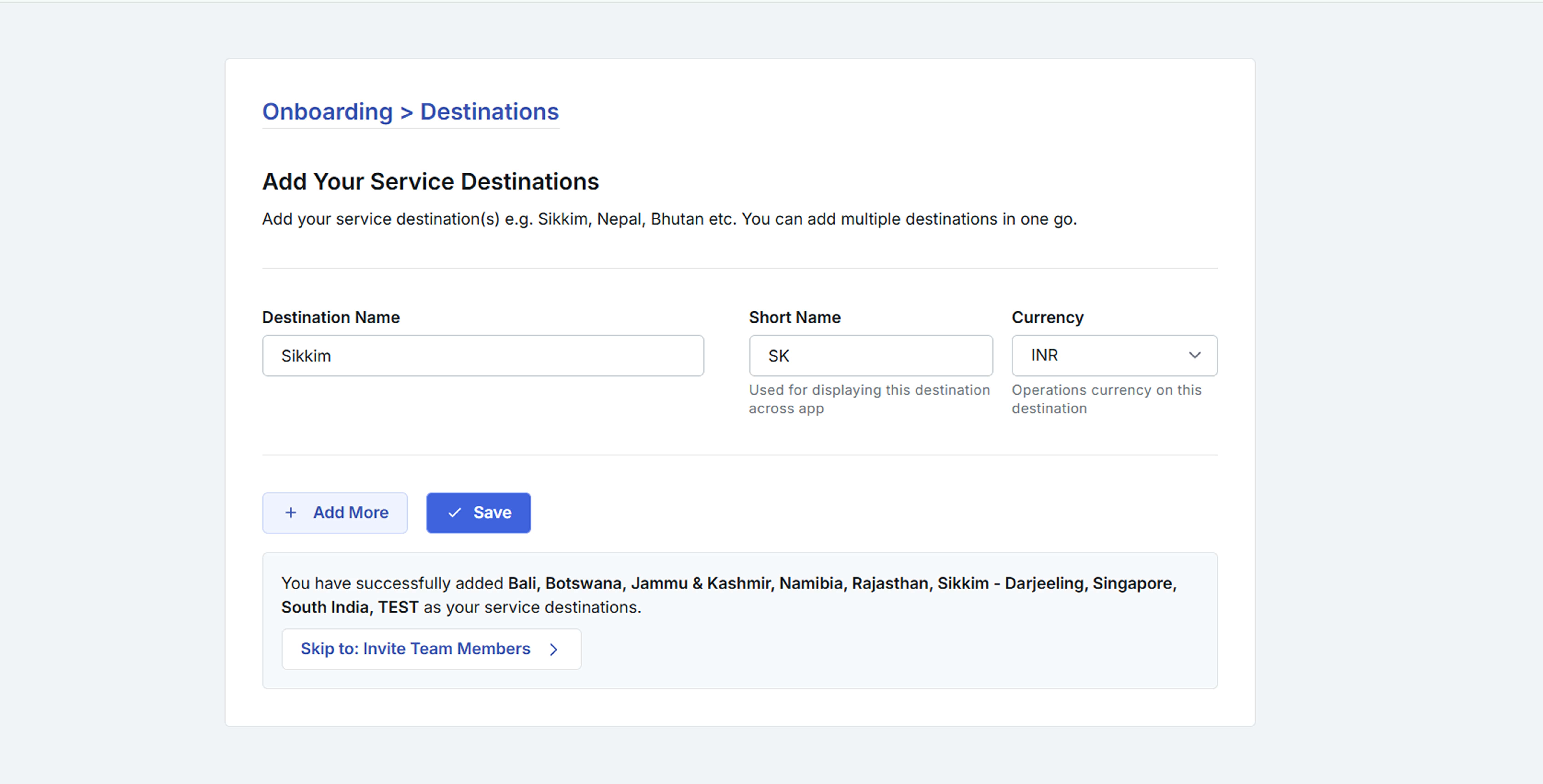 Image showing the Add Destination page details
