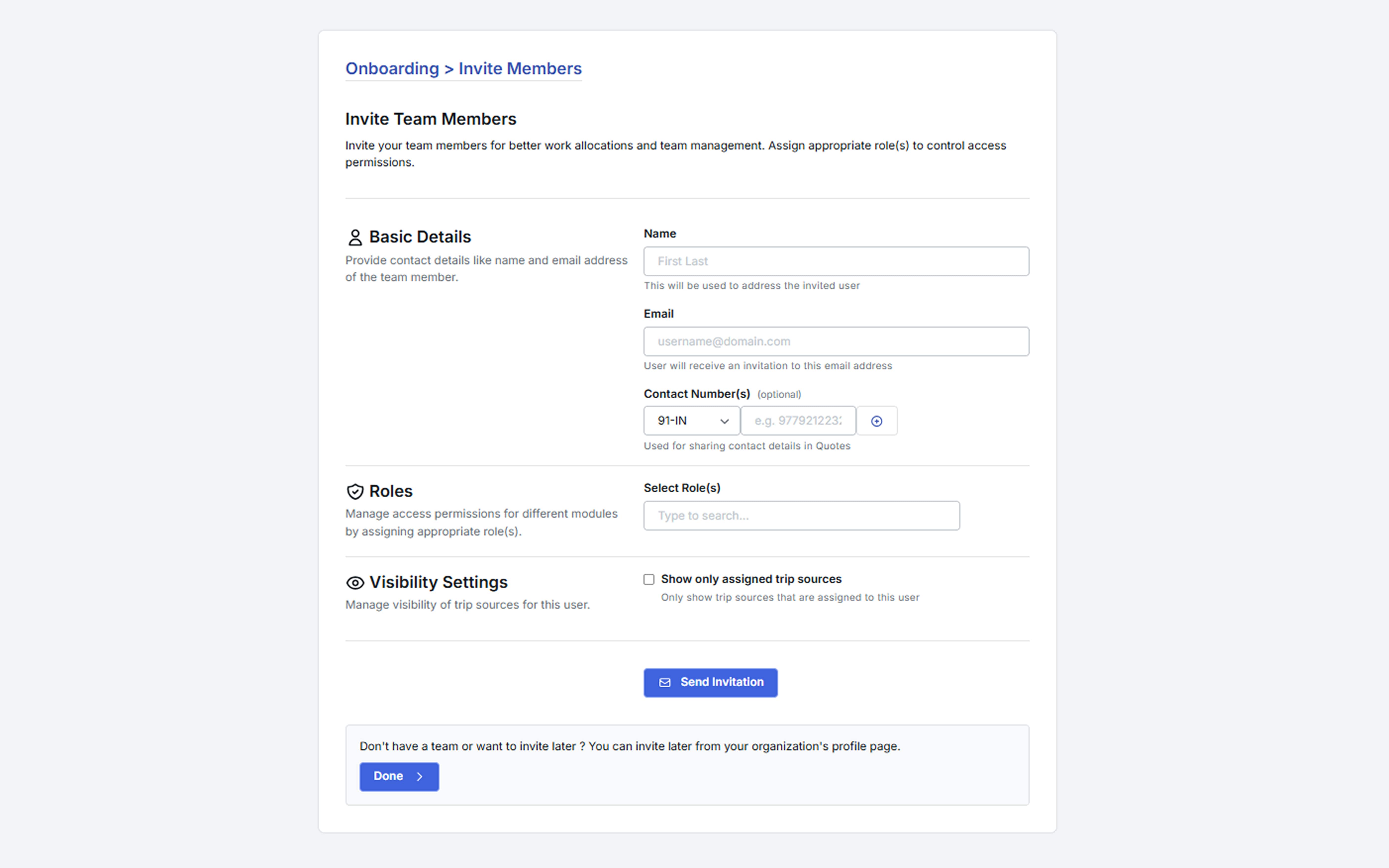 Image showing the invite team member page details