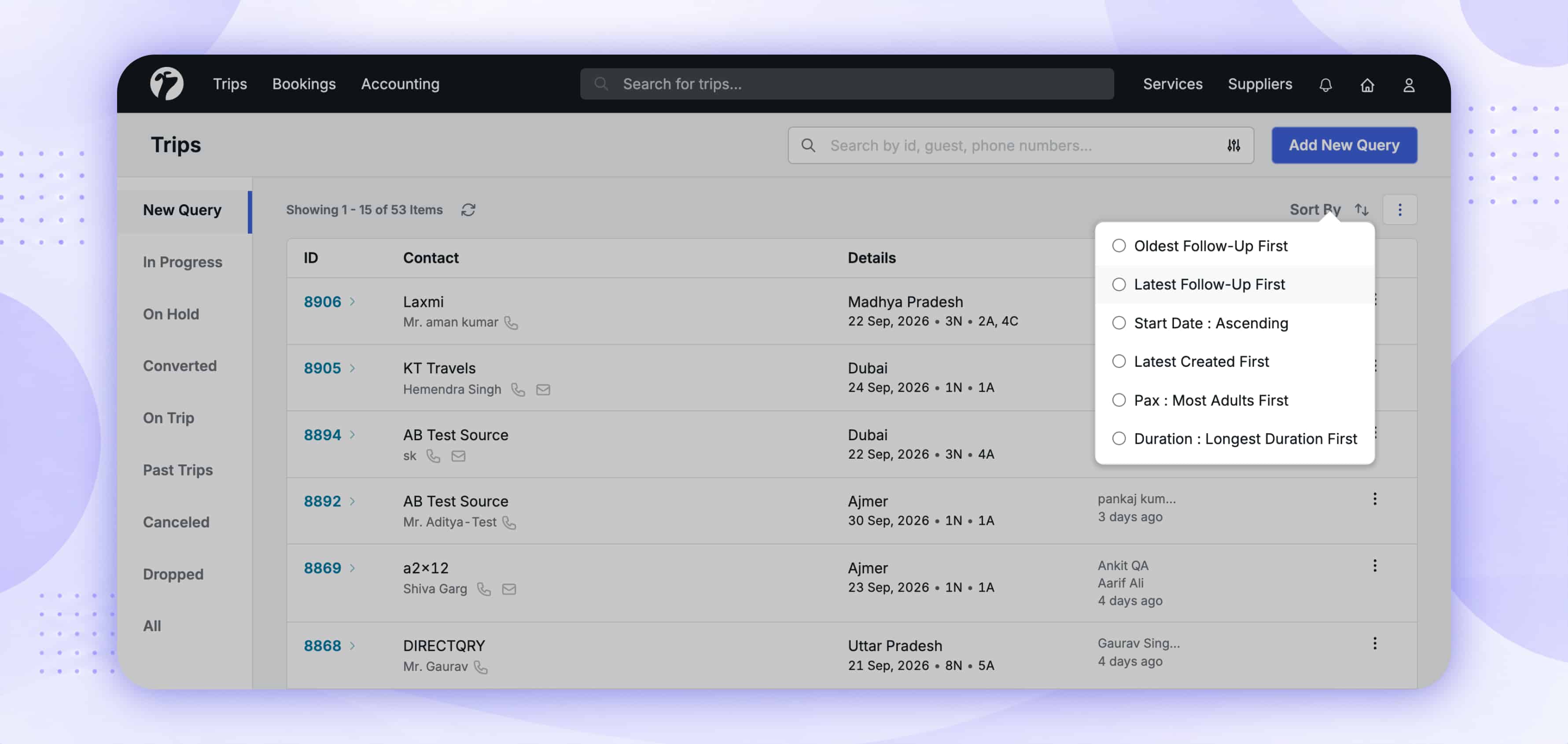 Image showing the options of trips sorting