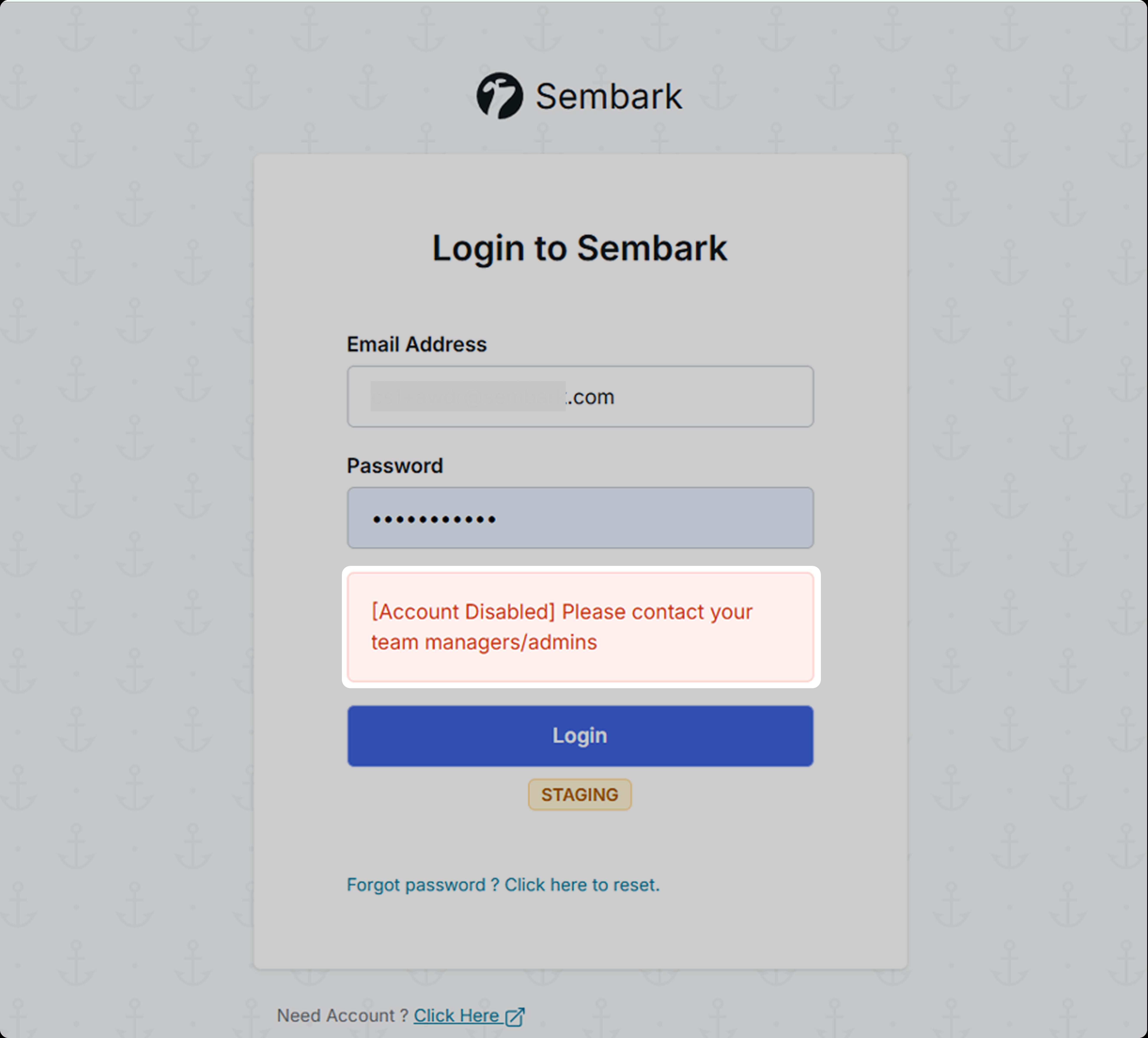Image showing the Account Disabled error on the Sembark login page.