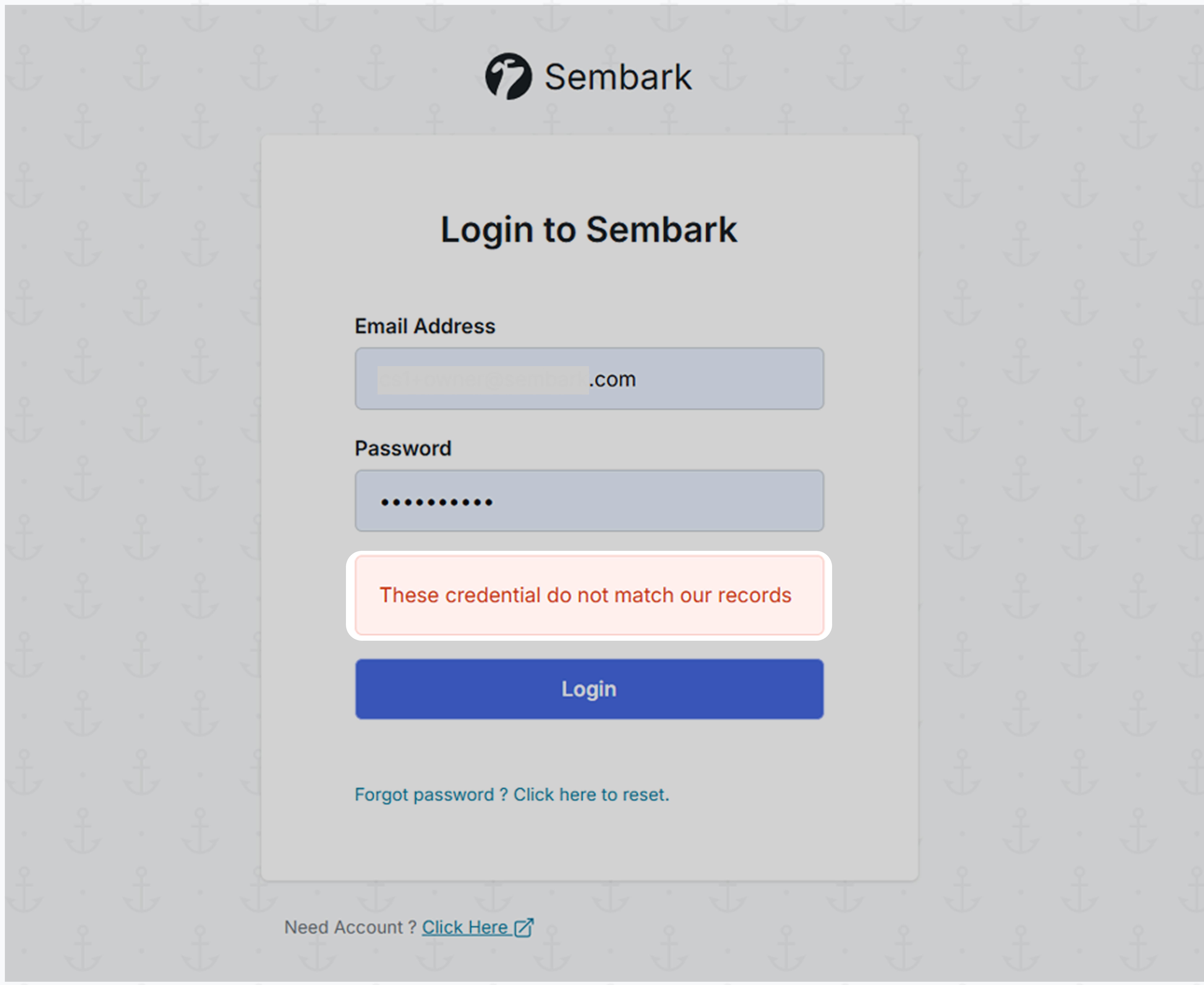 Image showing the Invalid Credentials error on the Sembark login page.