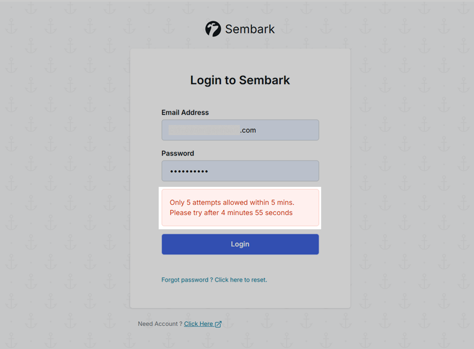 Image showing the Too Many Failed Attempts error on the Sembark login page.