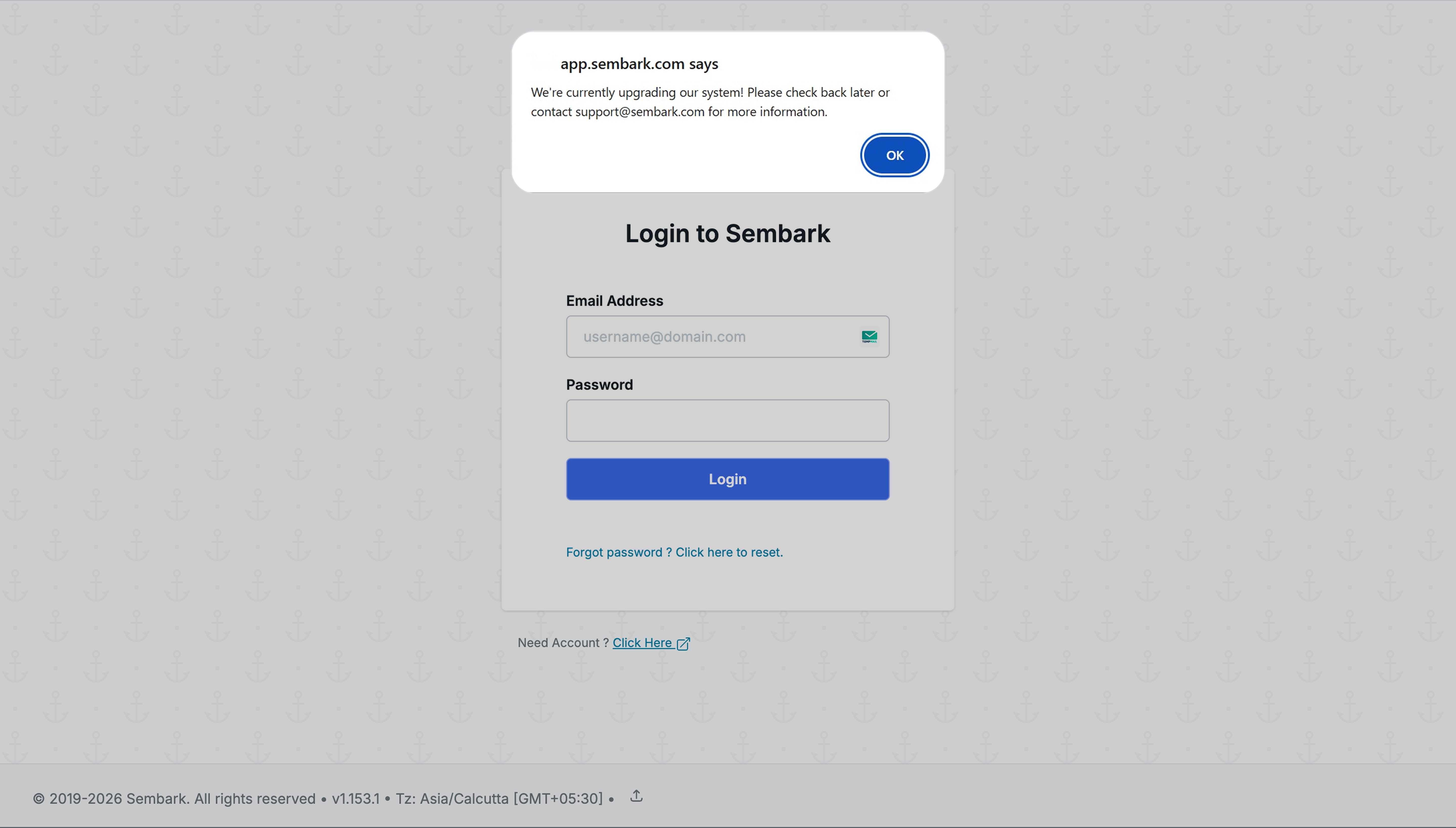 Image showing the System Upgrade in Progress error on the Sembark login page.