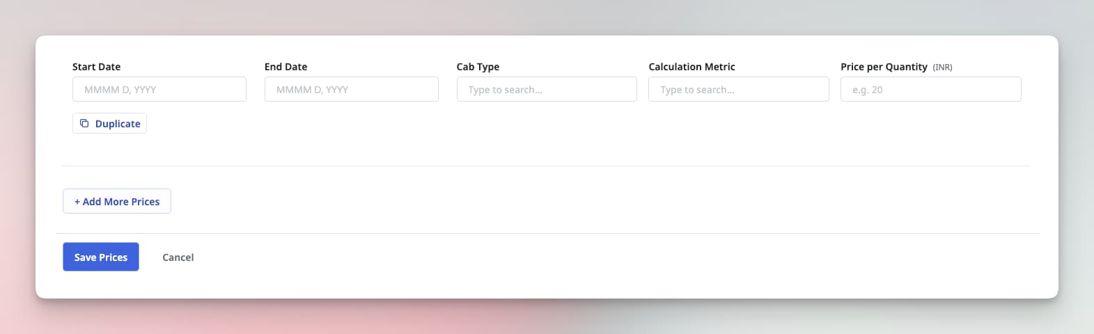 Image showing page to add cab wise metric prices