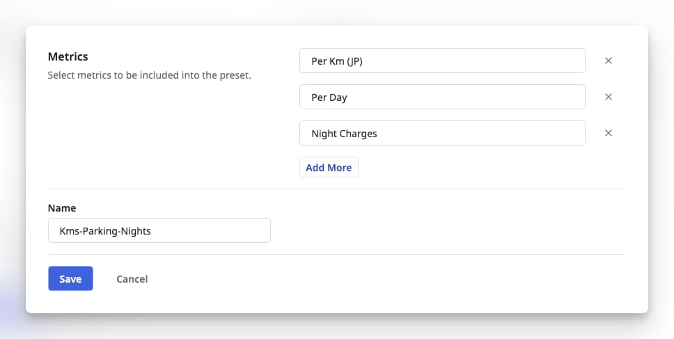 Image showing add cab price calculation metric preset page