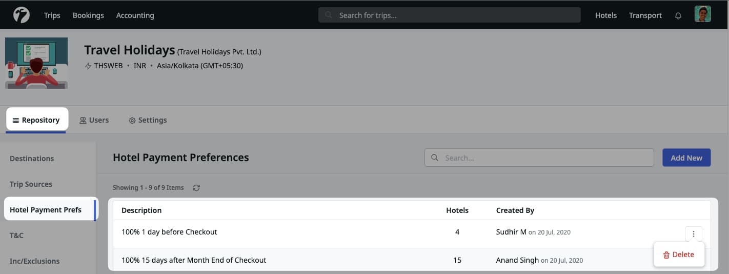 Image showing hotel payment preference deletion action