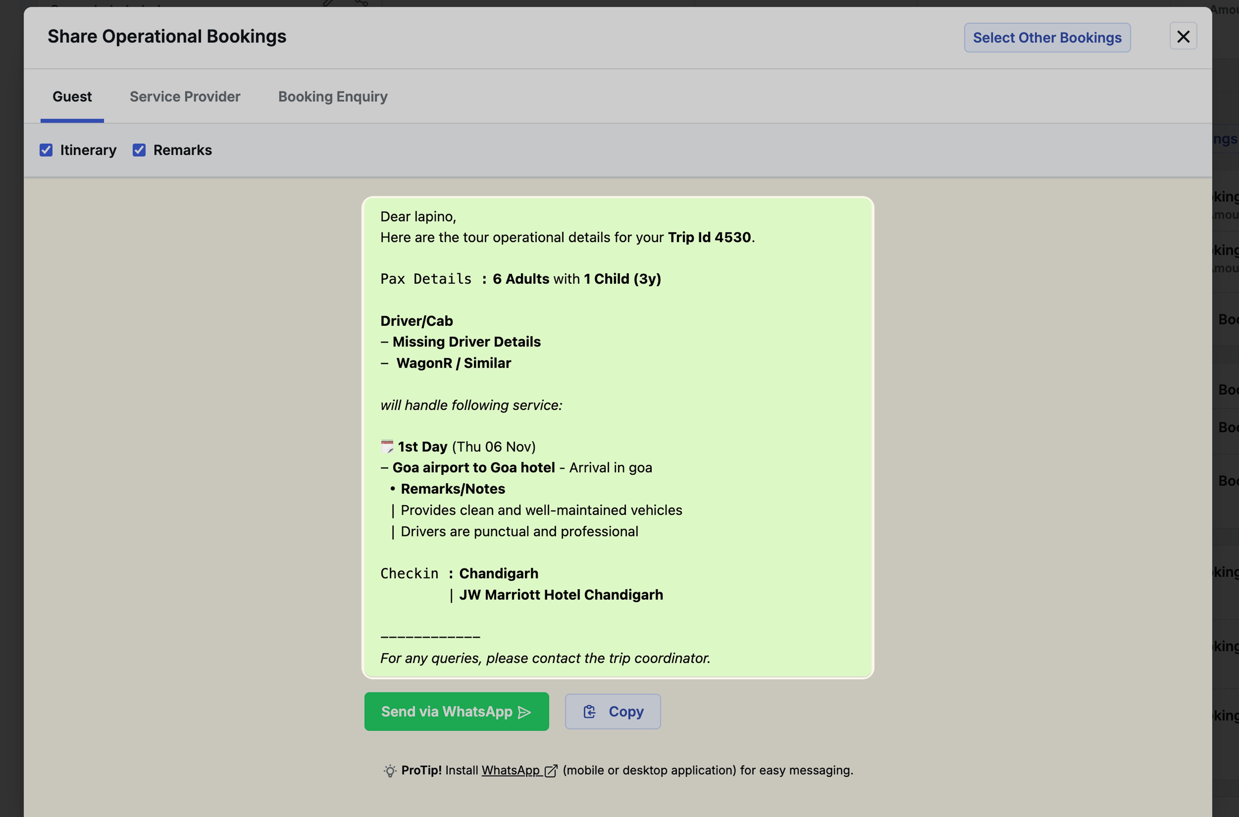 Image Showing Sharing of Transport service Details to Guest Without Driver Assigned