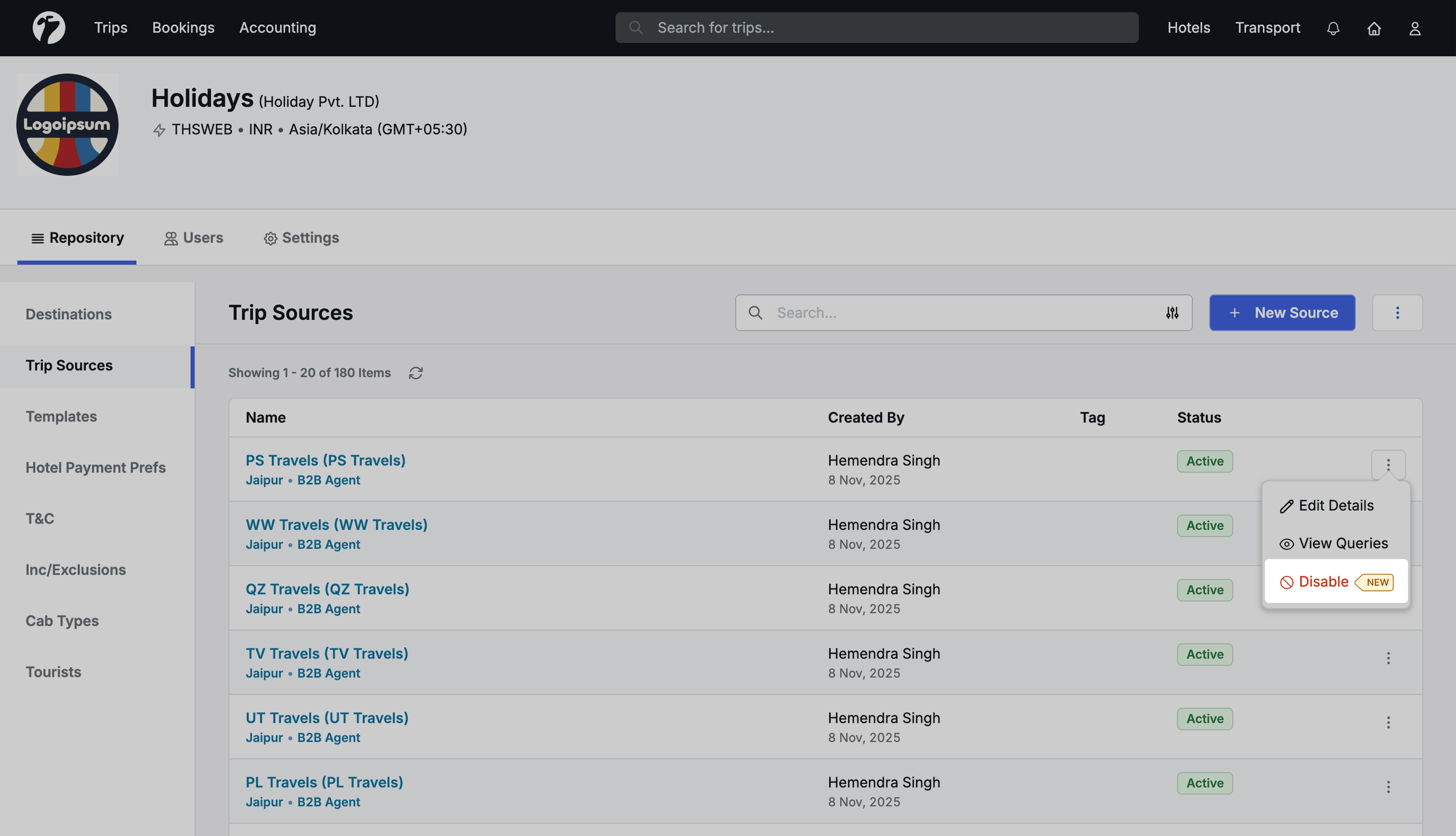 Image Showing Trip Source management