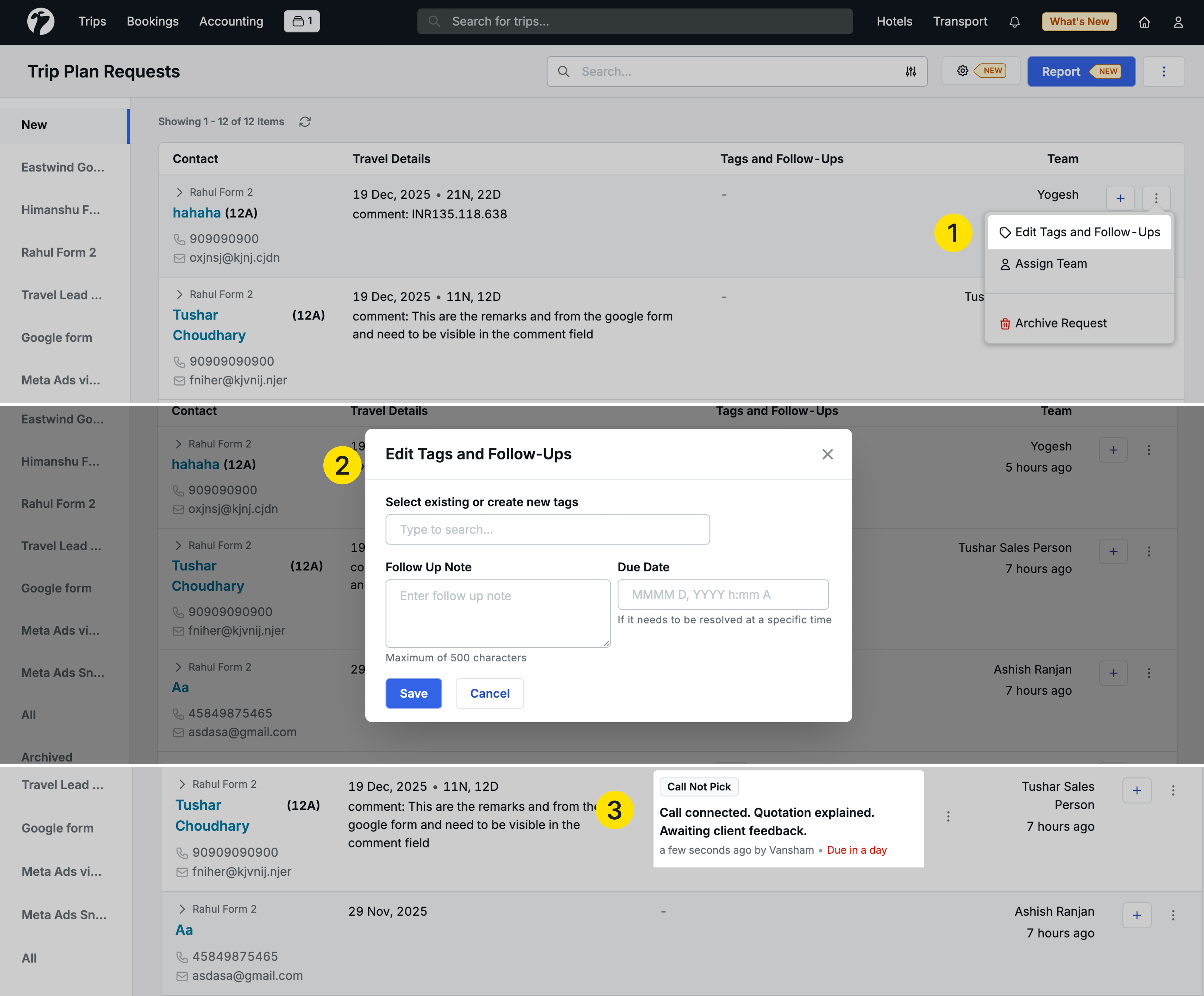 Image Showing follow-ups notes section in trip plan request
