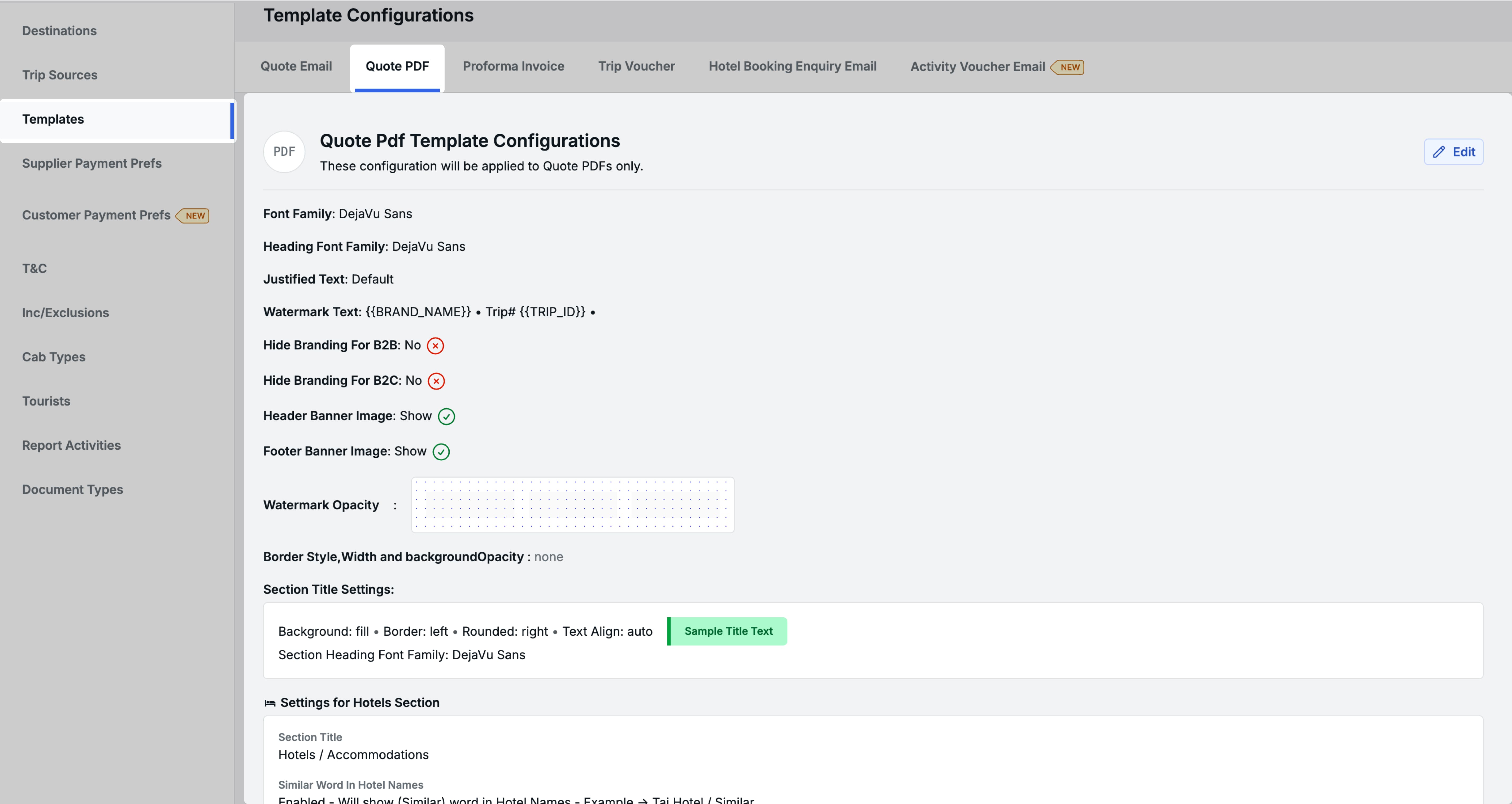 Image showing the full Quote PDF Template settings page