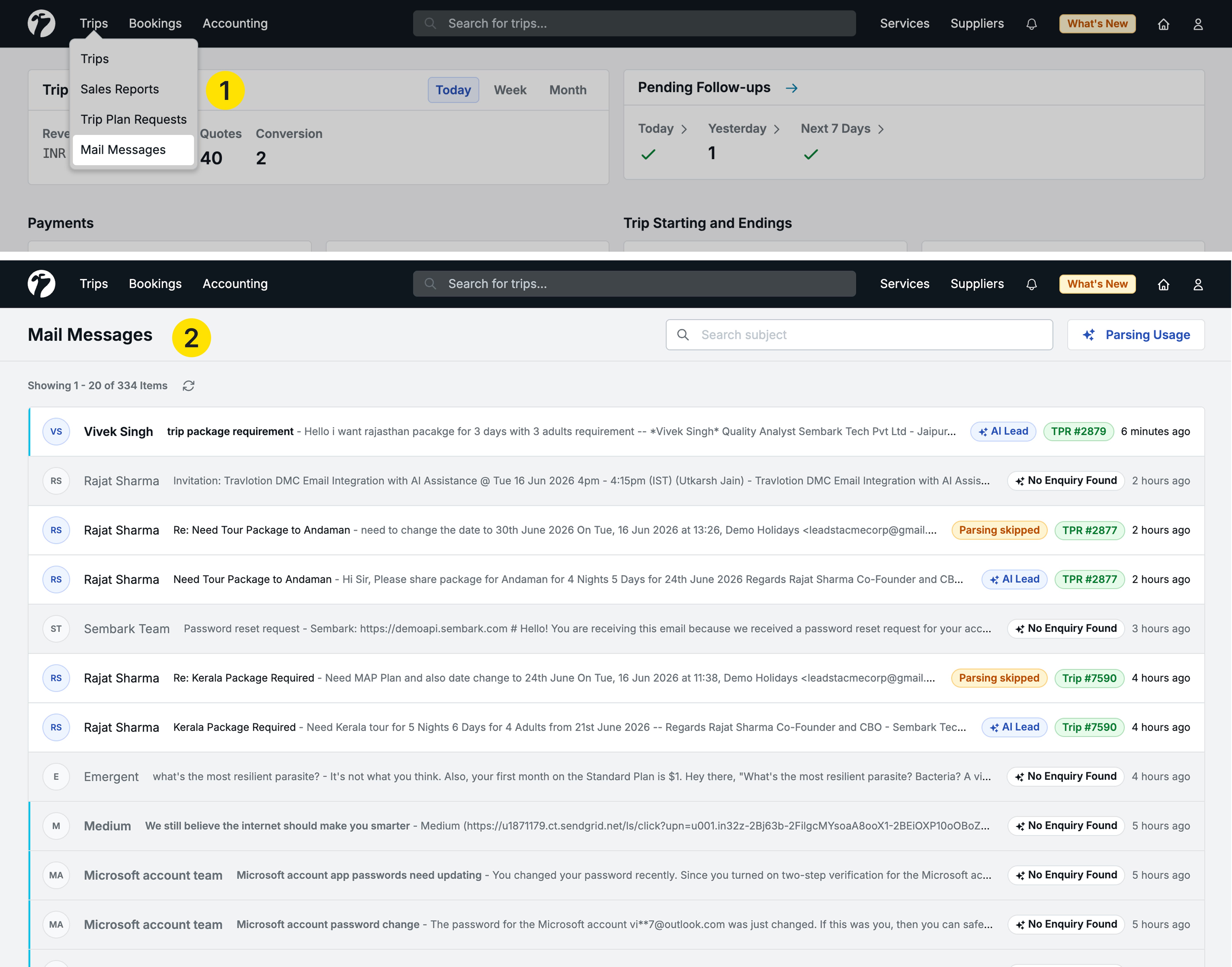 Image showing the Mail Messages page with AI Lead tags and processing statuses
