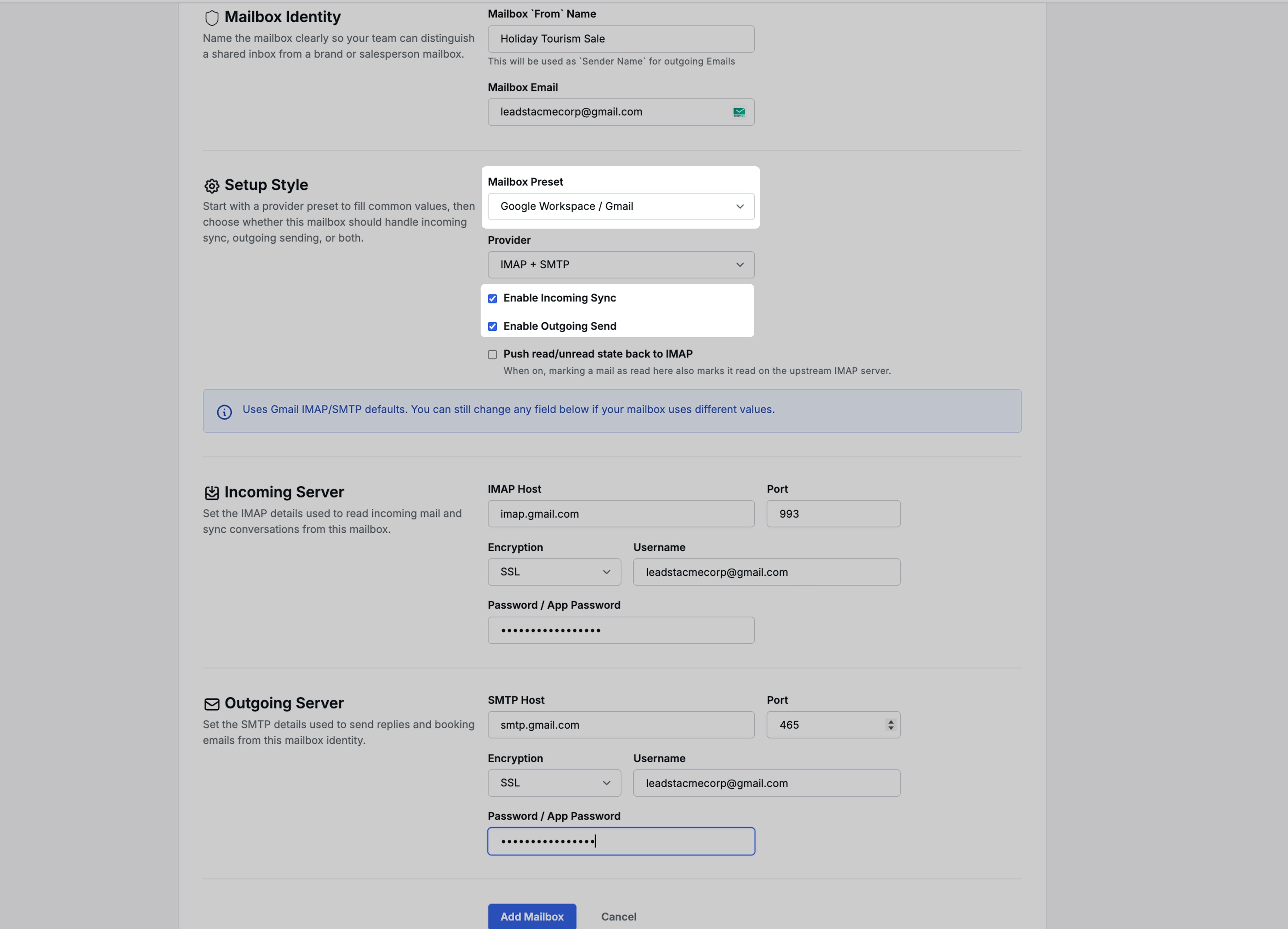 Image showing the mailbox configuration page with preset selector, toggles, and server fields