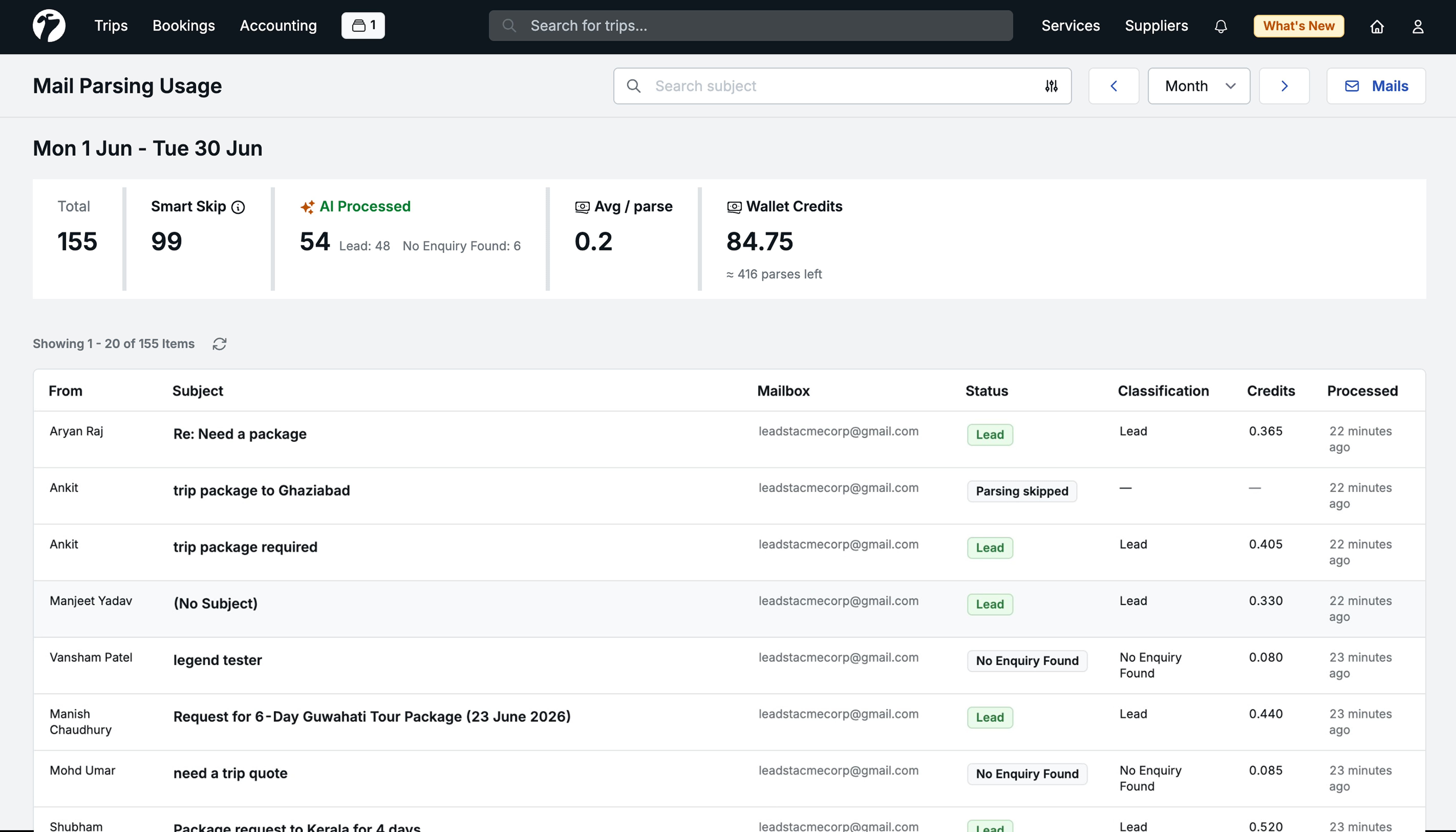 Image showing the Parsing Usage dashboard with metric cards and the detailed activity table