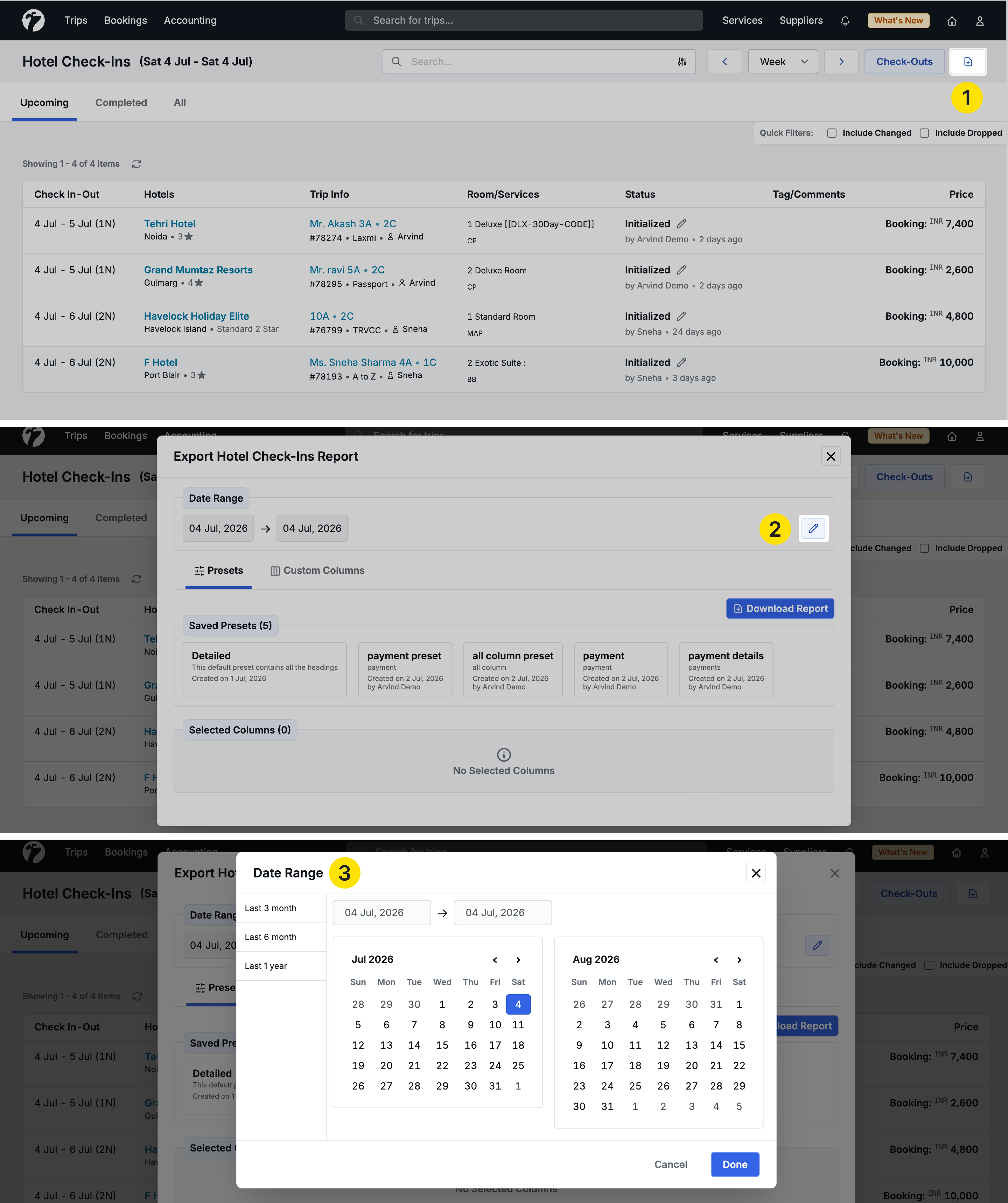 image showing the Hotel Check-in/Check-out Report with the column customisation panel open and date range selector visible