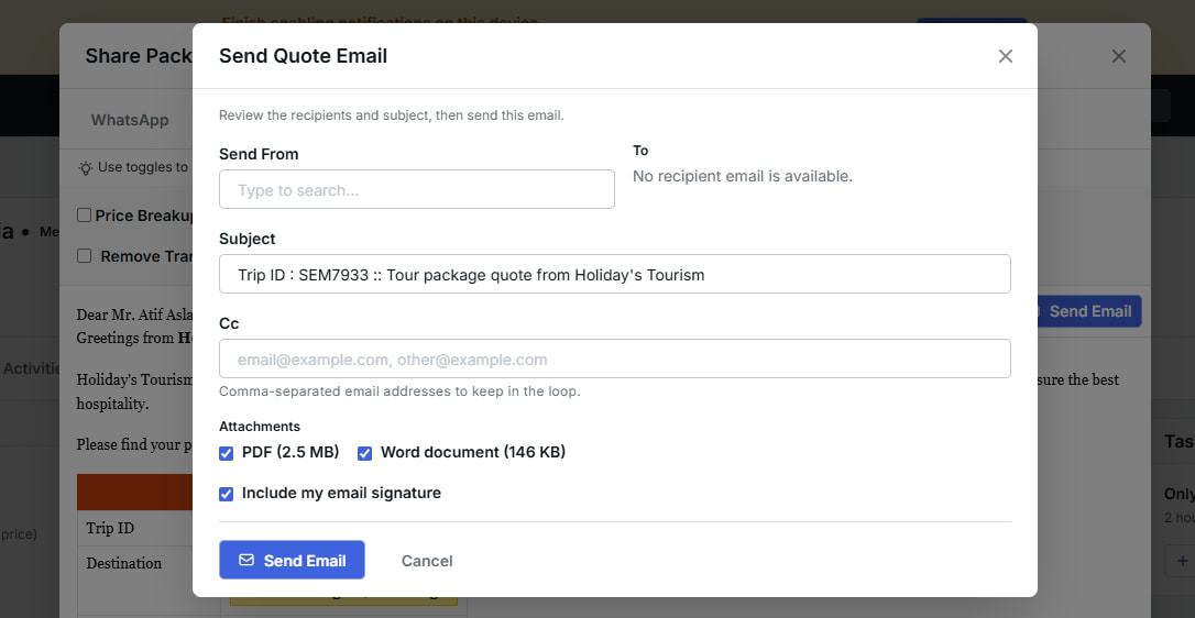 Image showing the Send email settings page