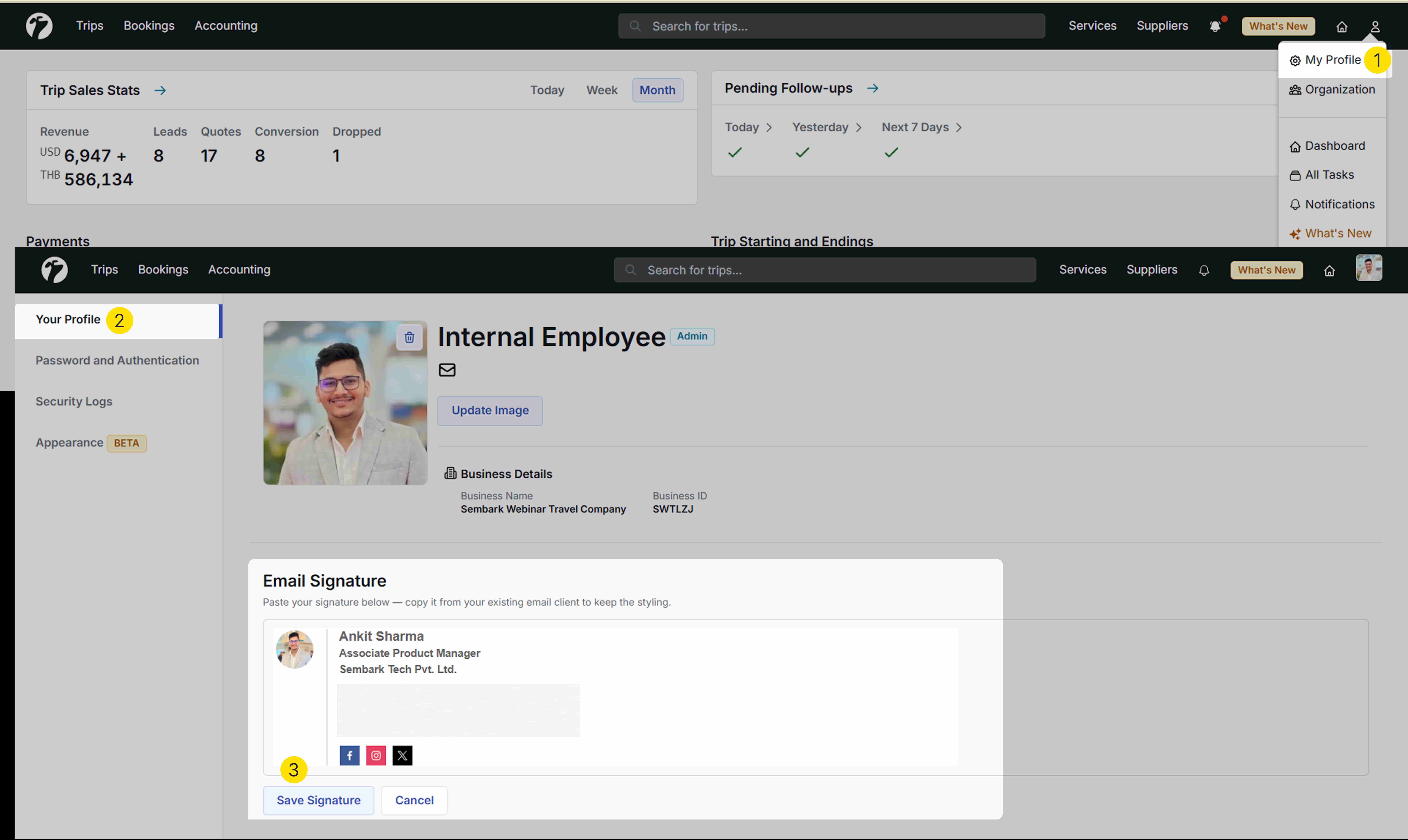image showing the Email Signature settings page in My Profile