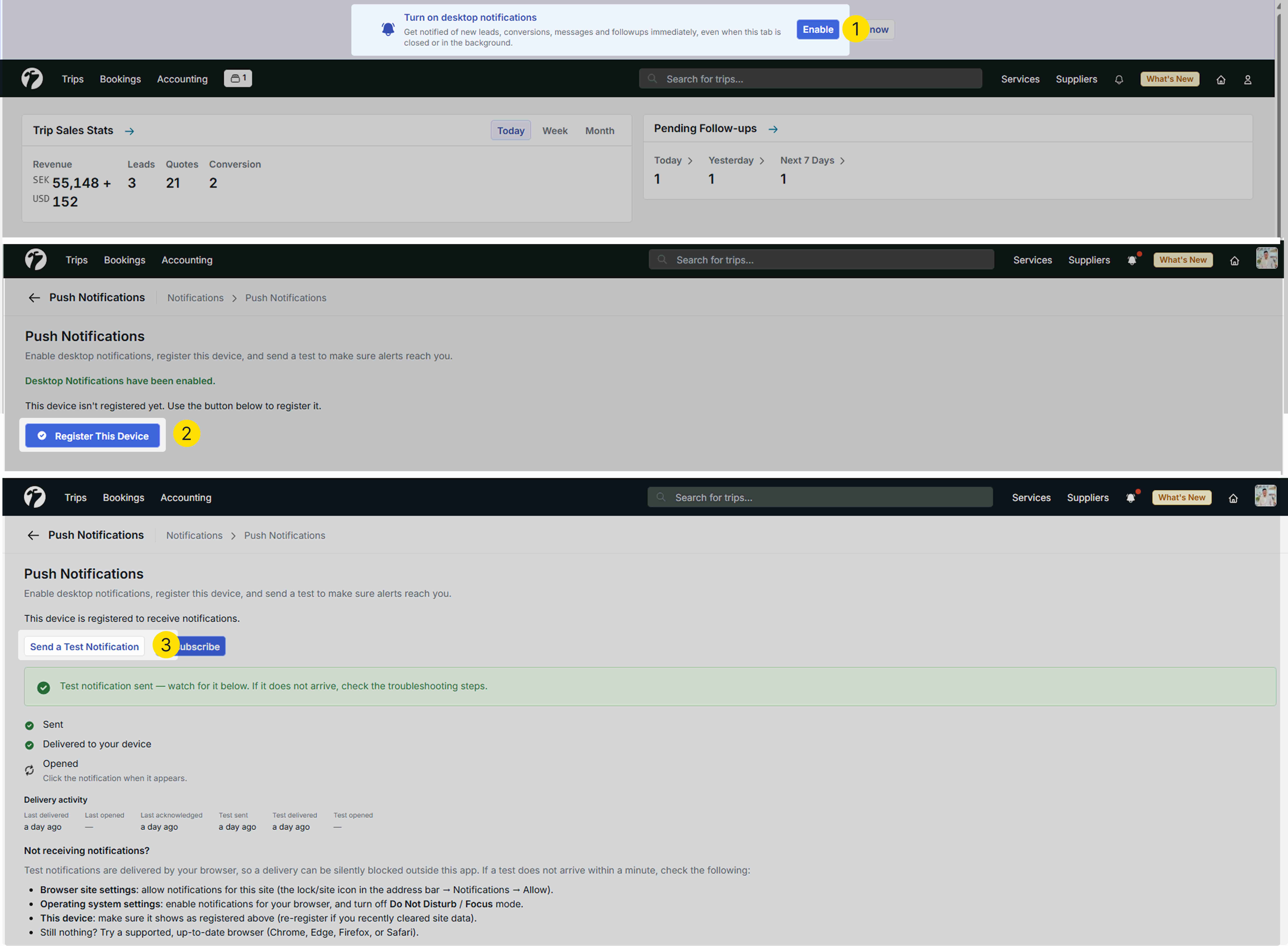 image showing the Push Notification settings options enabled
