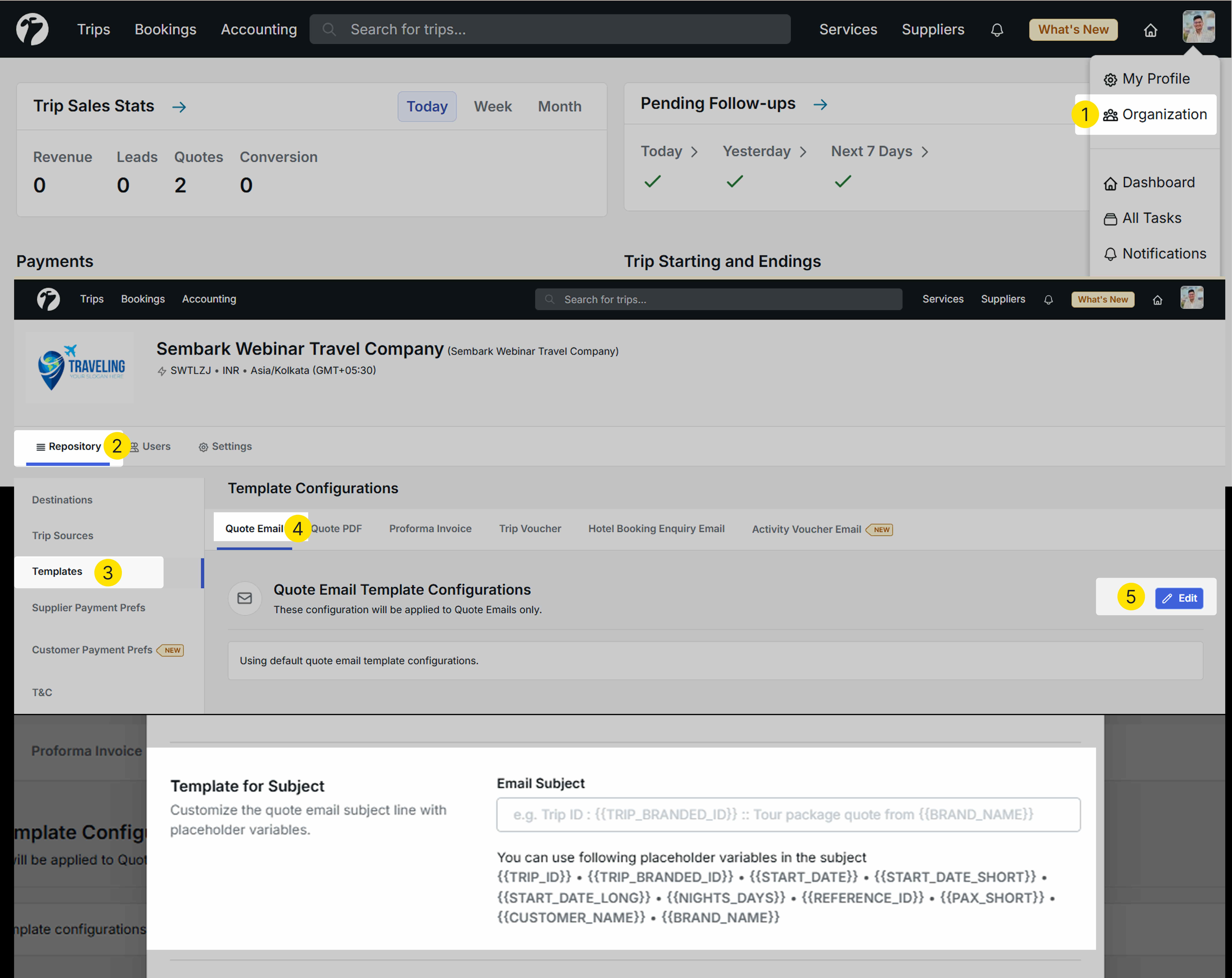 image showing the Email Subject Template settings with supported placeholder variables