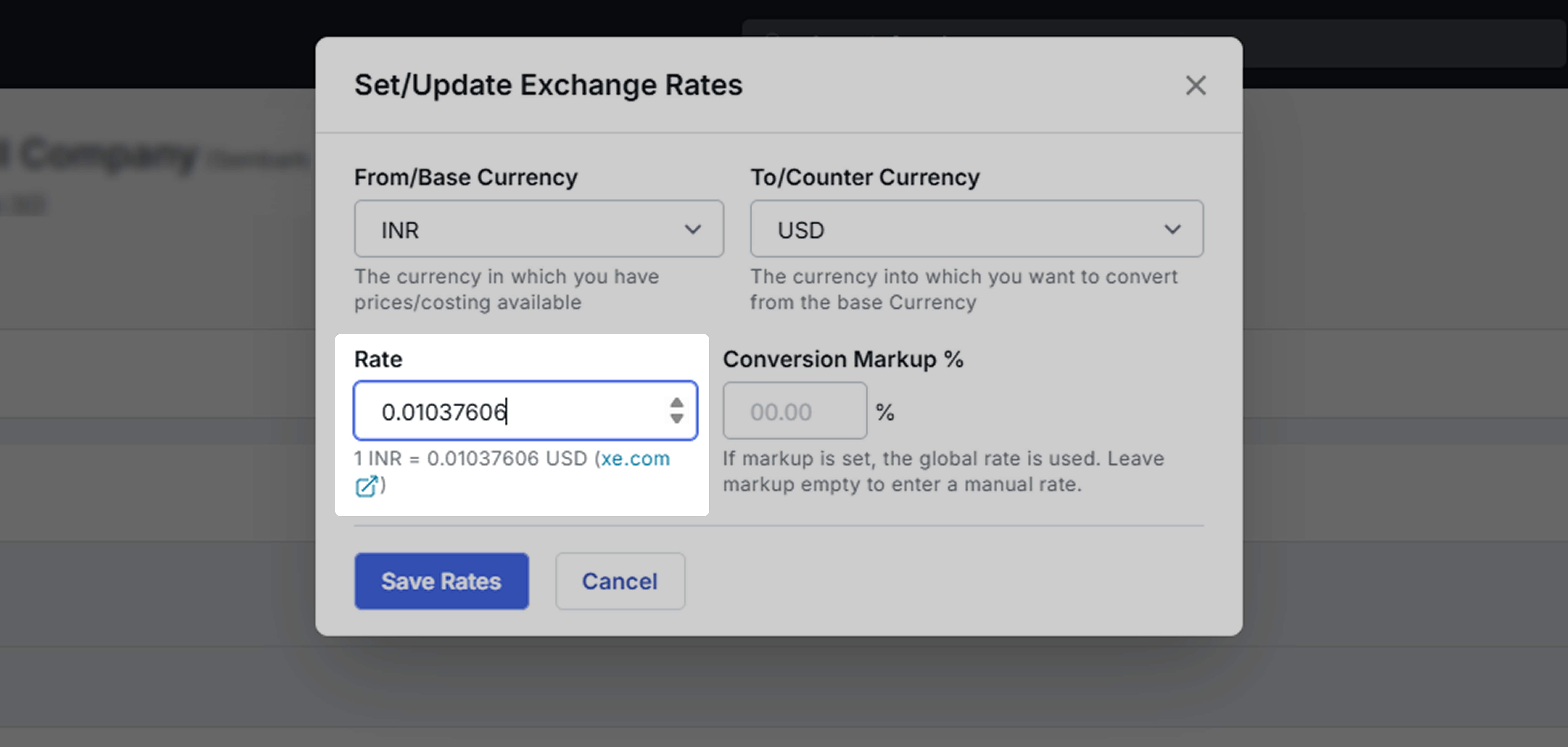 Image showing the custom exchange rate