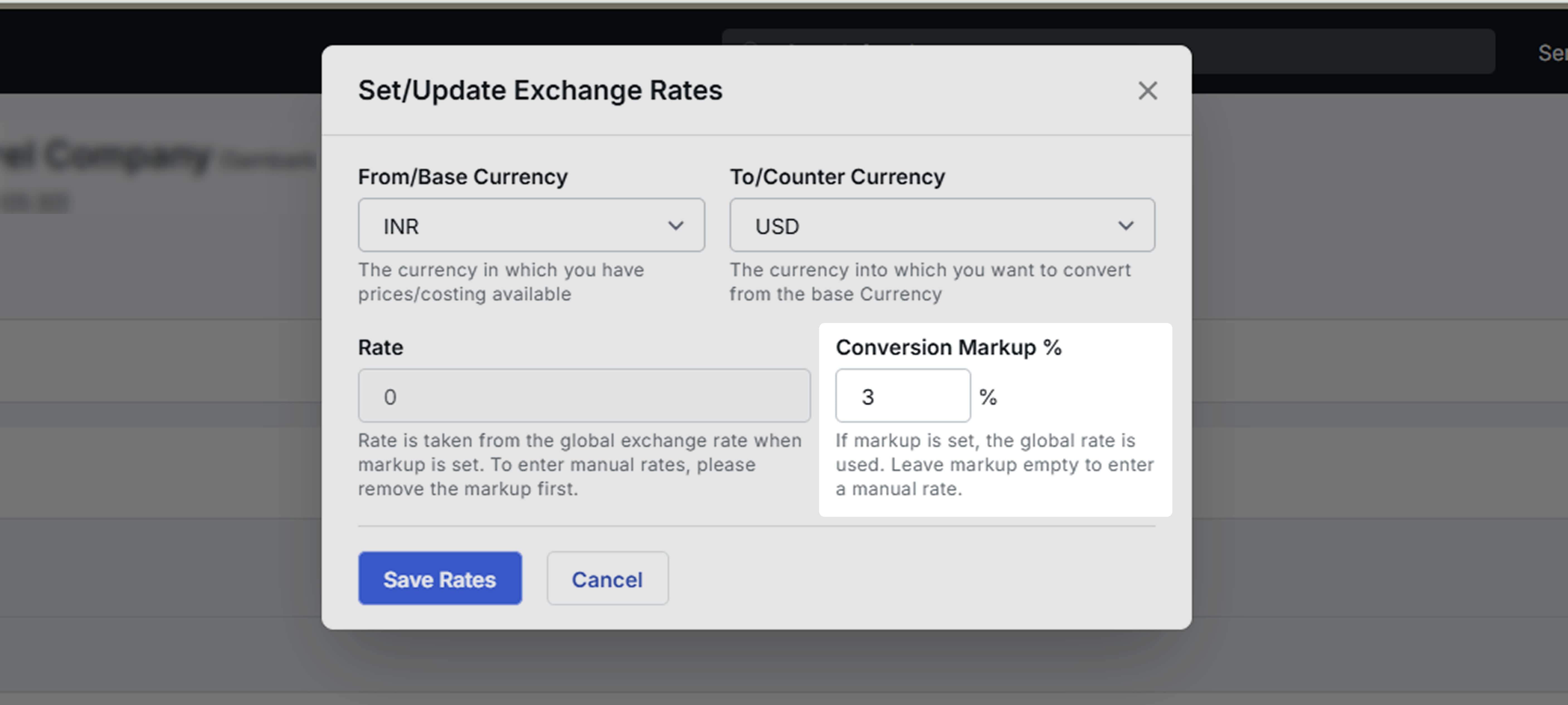 Image showing the Global Exchange rate with Markup Percentage