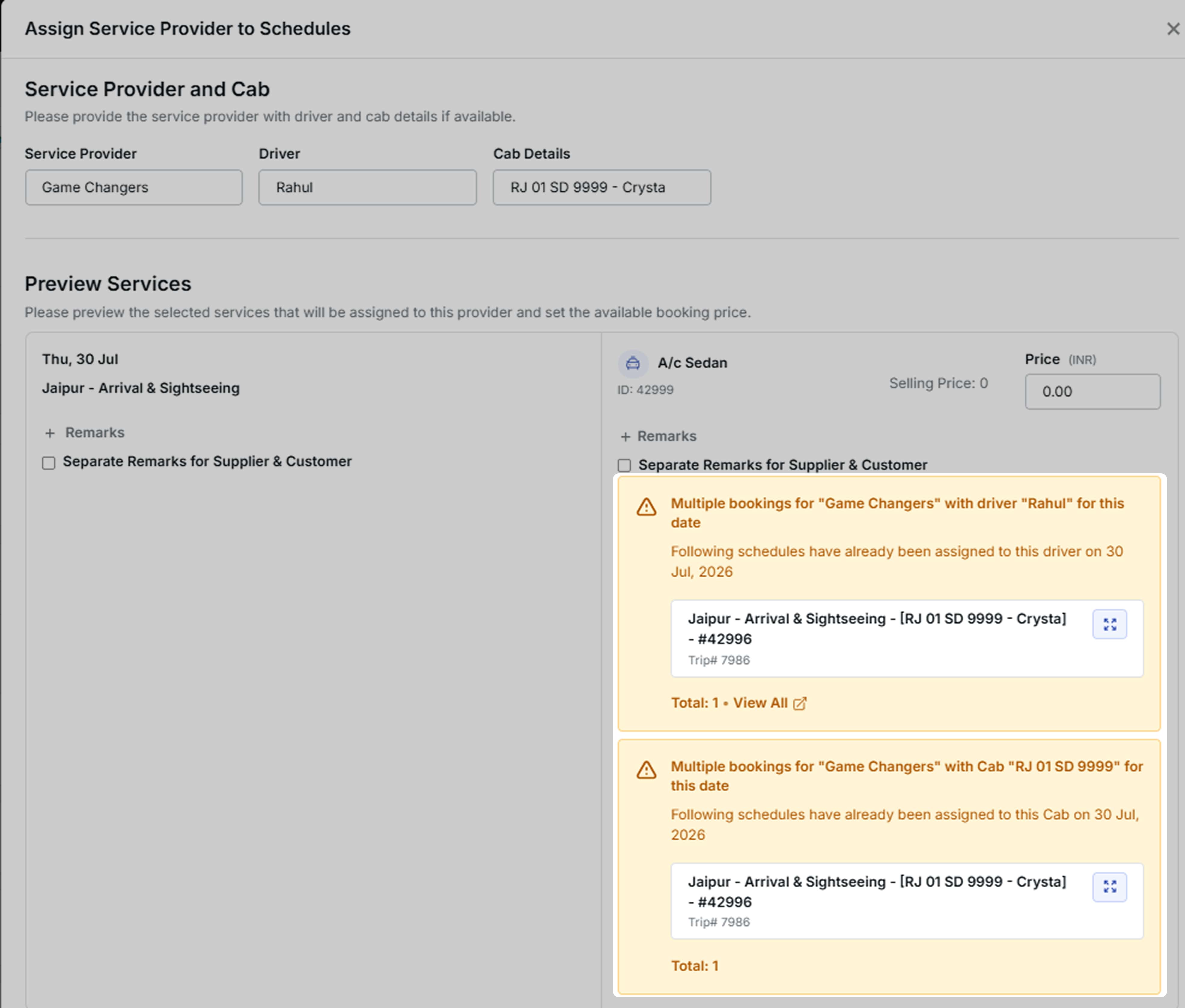 Image showing the Same-Day Cab & Driver Assignment Warning