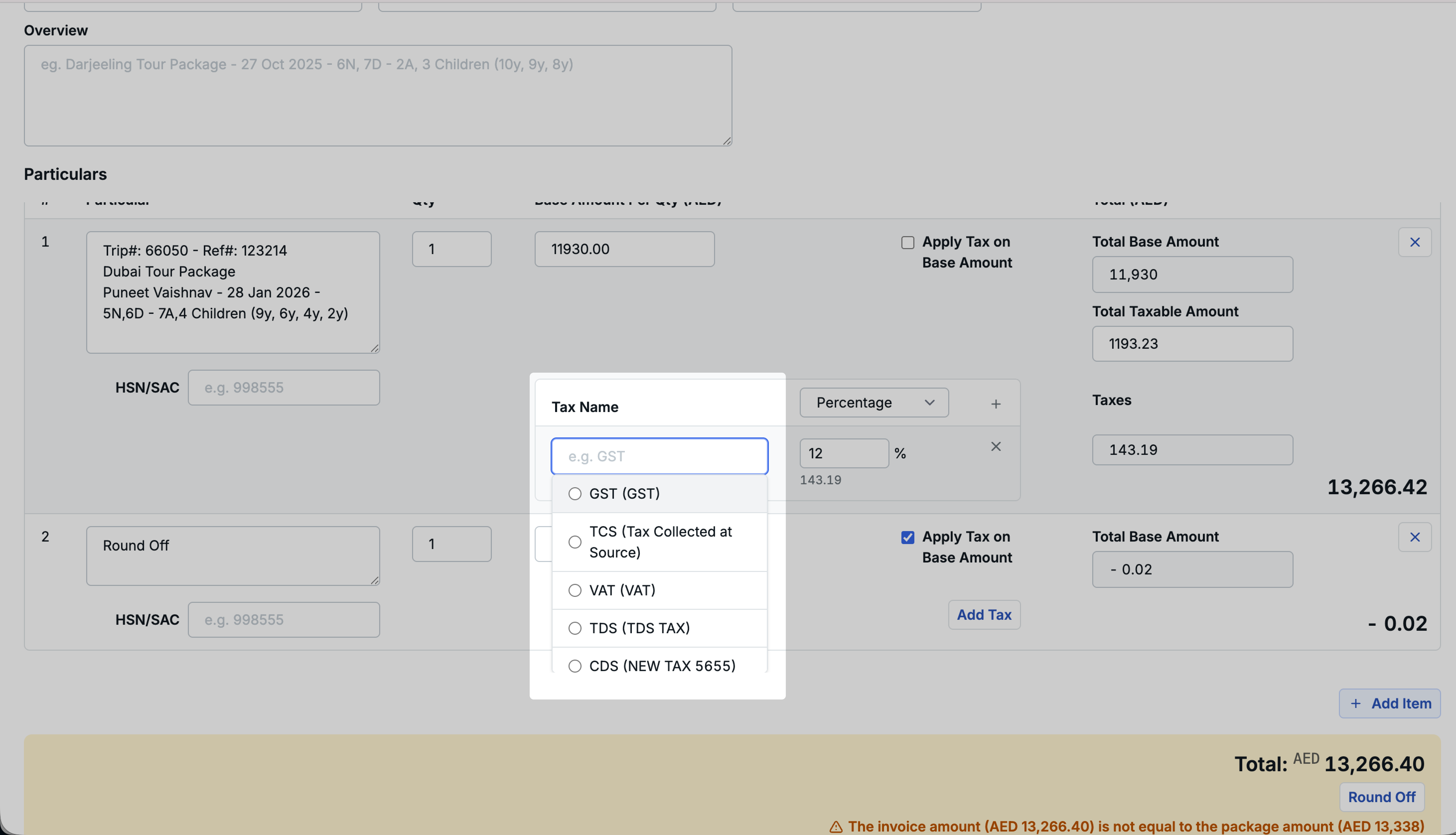 Image Showing the proforma invoice - Tax type dropdown